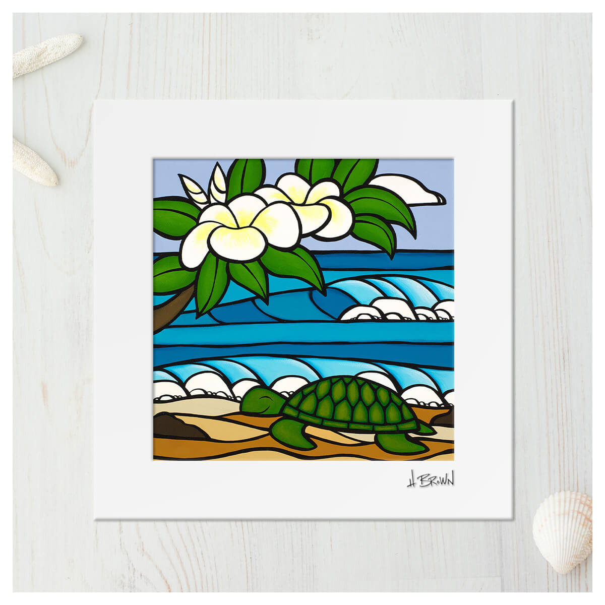 Matted art print by surf artist Heather Brown featuring a sleeping honu, or sea turtle, on the beach underneath a white plumeria tree