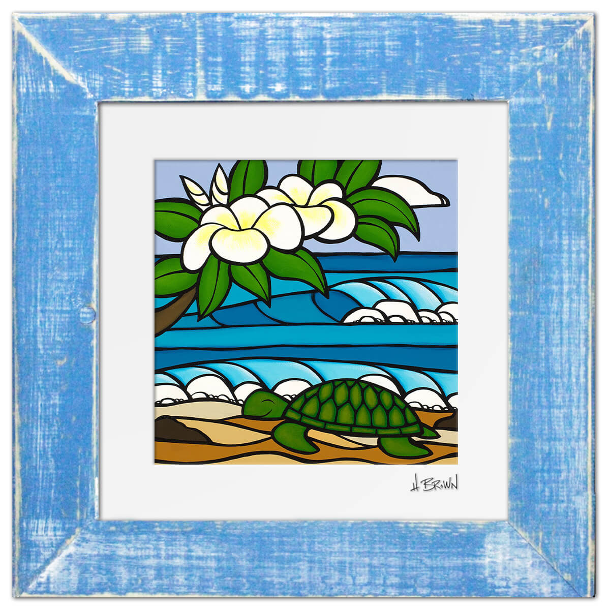 Blue framed matted art print by Hawaii artist Heather Brown featuring a sleeping honu, or sea turtle, on the beach underneath a white plumeria tree