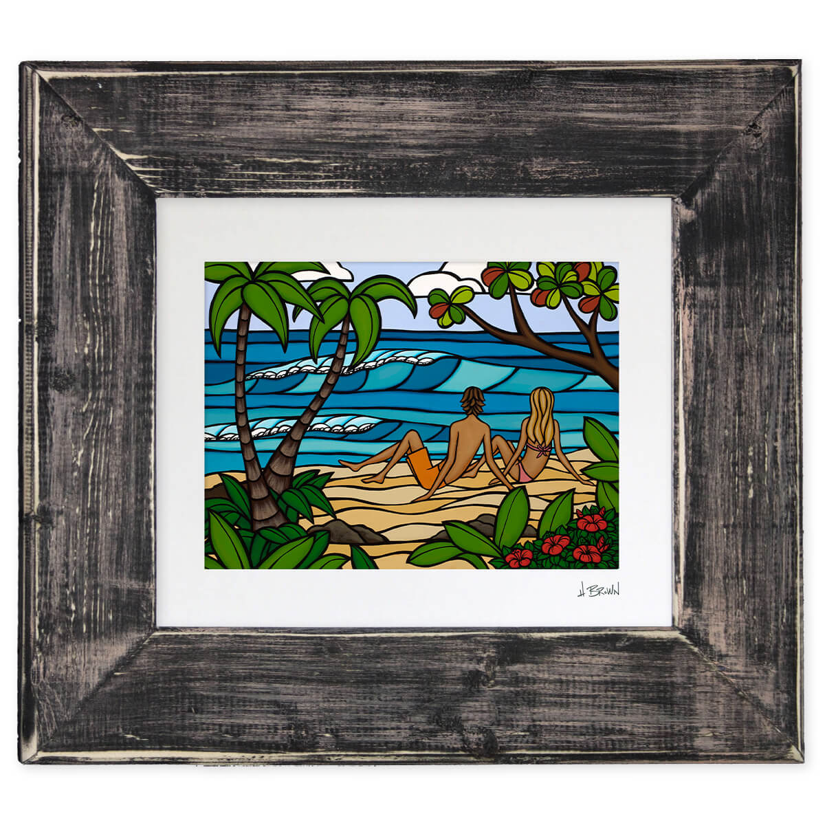 Romantic matted art print in rustic frame by Hawaii artist Heather Brown featuring a couple relaxing on a secluded tropical beach.
