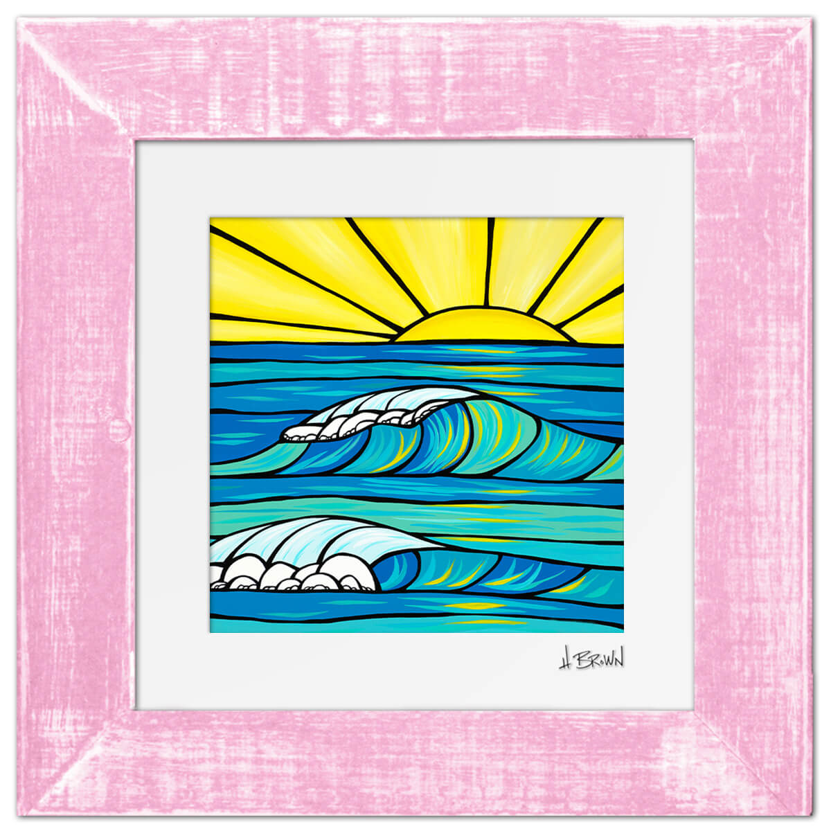 cheerful hawaii seascape art print "lucky sunrise" by Kauai surf artist heather brown - framed
