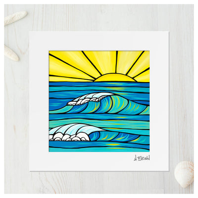 cheerful hawaii seascape art print "lucky sunrise" by Kauai surf artist heather brown - flatlay with seashells
