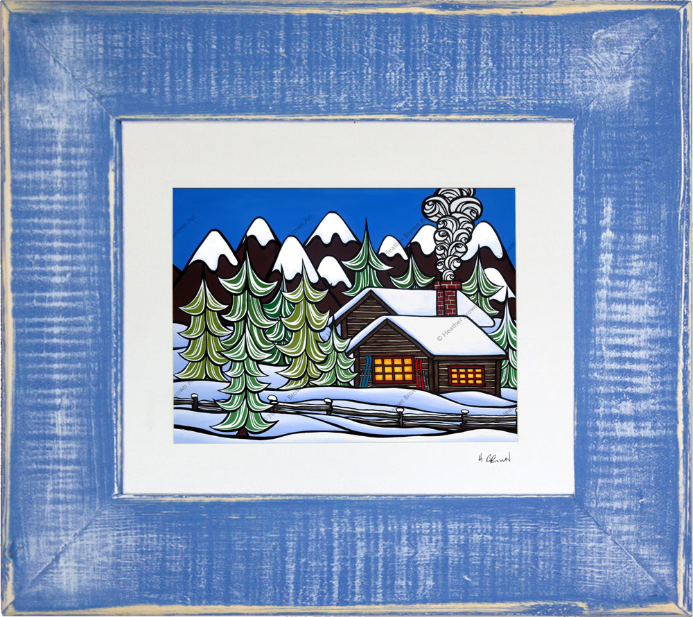 Mountain Retreat - Matted Print on Paper with Classic Blue, Reclaimed Wood Frame by Hawaii surf artist Heather Brown