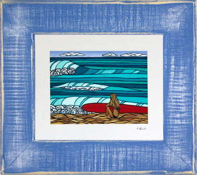 Surf Girl - Matted Print on Paper with Classic Blue, Reclaimed Wood Frame by Hawaii surf artist Heather Brown