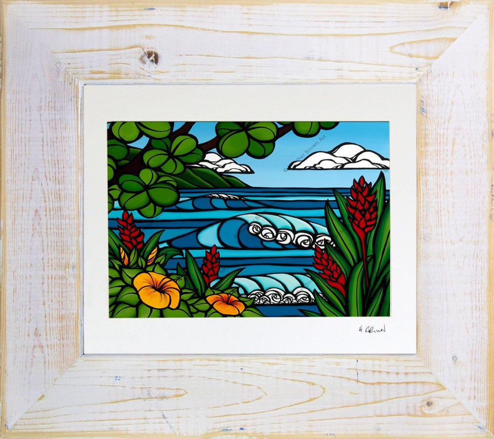 Tropical Paradise - Matted Print on Paper with Classic White, Reclaimed Wood Frame by Hawaii surf artist Heather Brown
