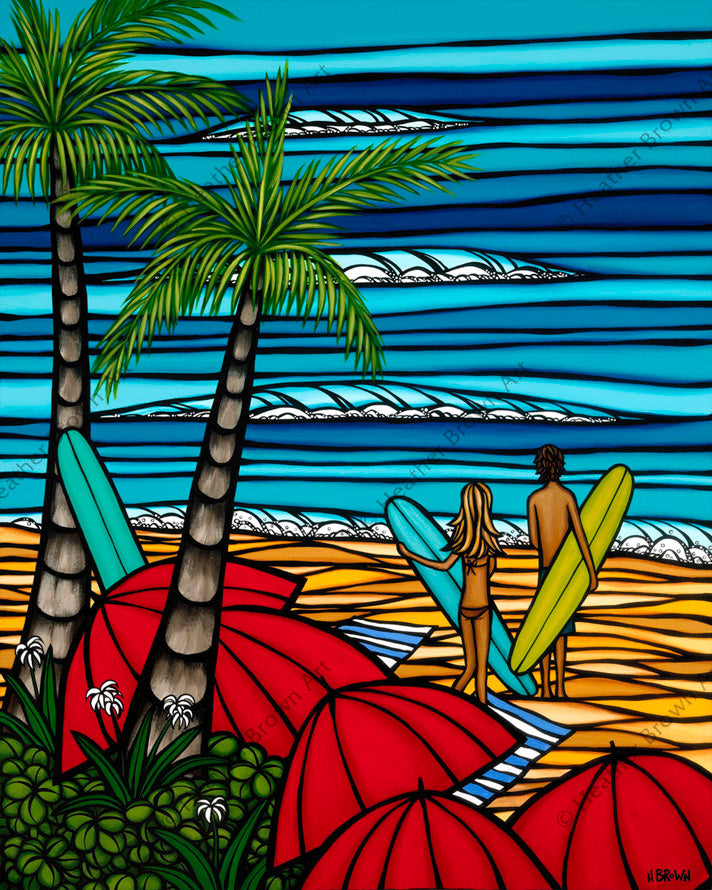 Surf artist Heather Brown paints surfers, surrounded by beach umbrellas head off into the ocean