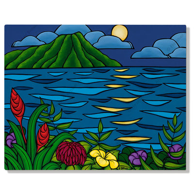 A metal art print featuring a full moon rising over Diamond Head Crater and reflecting over a calm blue sea by Hawaii surf artist Heather Brown