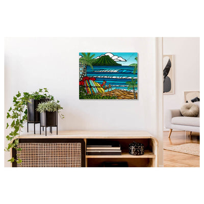 A metal art print featuring a couple of surfers about to head into the water for a surf session by Hawaii artist Heather Brown