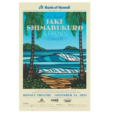 Jake Shimabukuro Friends and Family Poster with idyllic Hawaii landscape art by Heather Brown