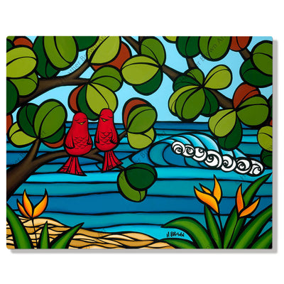 A metal art print featuring a bird's eye view of the Hawaiian landscape as these tranquil love birds the pleasant Hawaiian weather, and listen to the soft roar of breaking waves by Hawaii surf artist Heather Brown