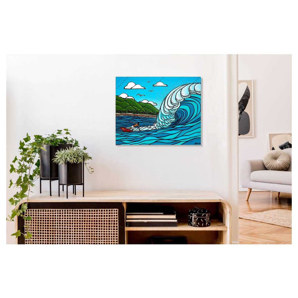 A metal art print featuring Gerry Lopez surfing a huge wave at Pipeline on the North Shore of Oahu by Hawaii surf artist Heather Brown