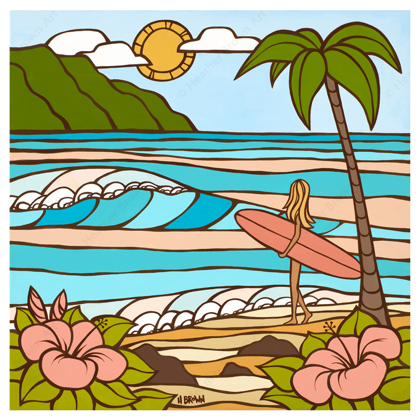 Matted print of Summer Morning by Hawaii surf artist Heather Brown