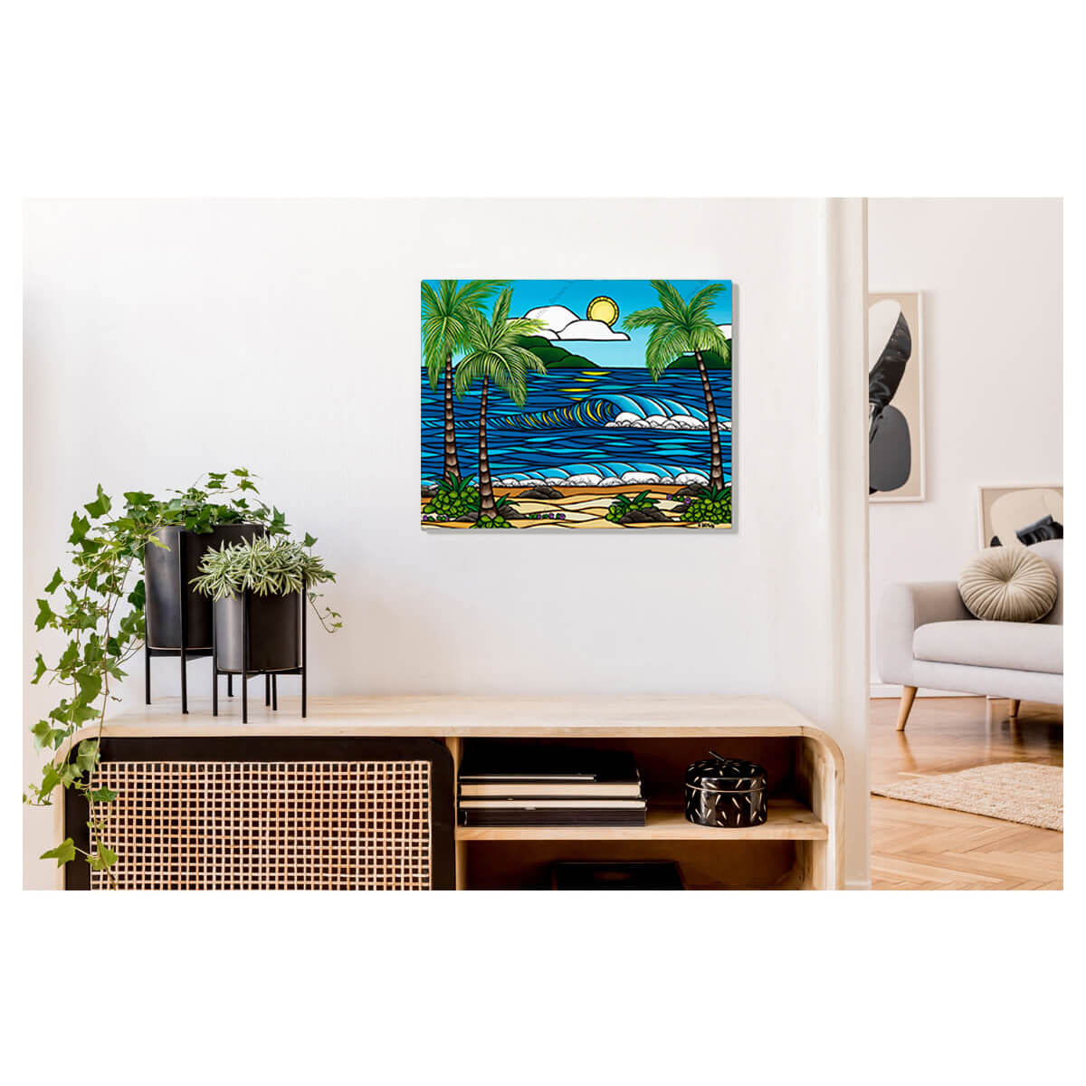 A metal art print featuring rolling waves crashing towards a bright sunny beach on a summer's day in Hawaii by Hawaii surf artist Heather Brown