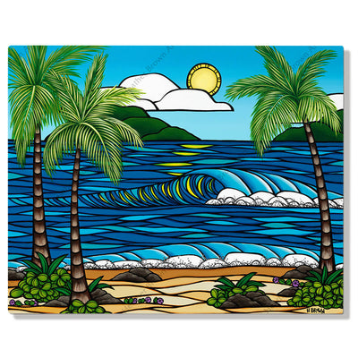 A metal art print featuring rolling waves crashing towards a bright sunny beach on a summer's day in Hawaii by Hawaii surf artist Heather Brown