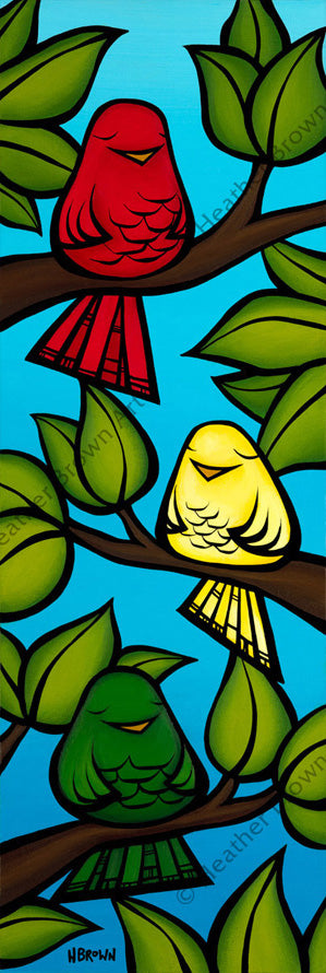 Vertical painting of three little birds sitting in a tree by bird artist Heather Brown