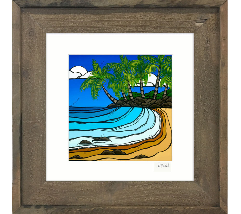 Framed and matted print of Calm Waters, showing a classic view of a warm Hawaii beach and clear blue ocean.