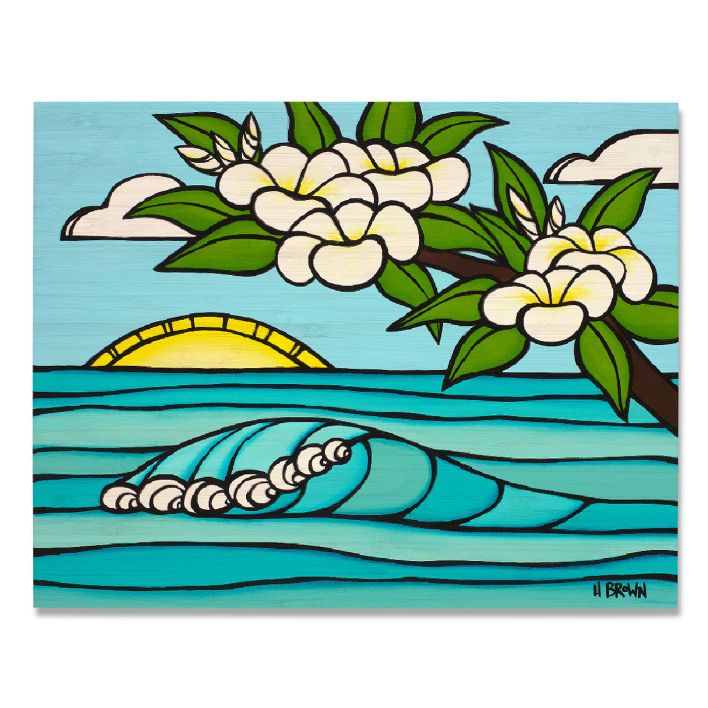 A bamboo print of a sunrise with rolling waves and plumeria flowers by Hawaii surf artist Heather Brown