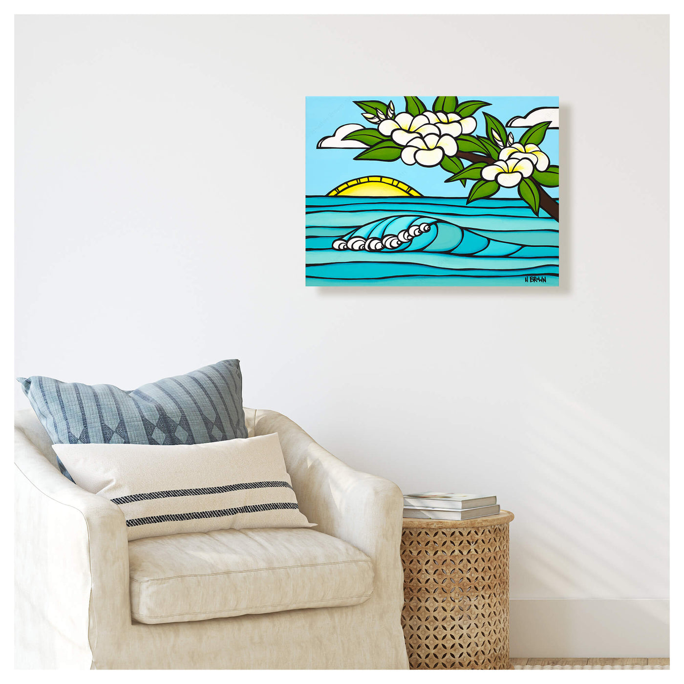 A canvas giclée print of a sunrise with rolling waves and plumeria flowers by Hawaii surf artist Heather Brown