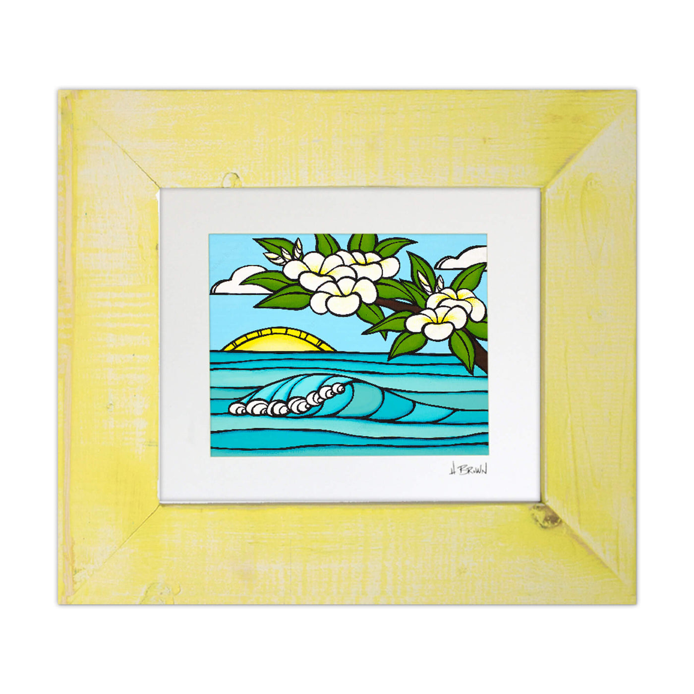 A matted art print in classic yellow frame of a sunrise with rolling waves and plumeria flowers by Hawaii surf artist Heather Brown