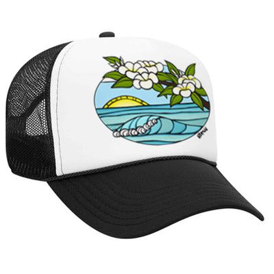 A black trucker hat featuring a sunrise with rolling waves and plumeria flowers by Hawaii surf artist Heather Brown