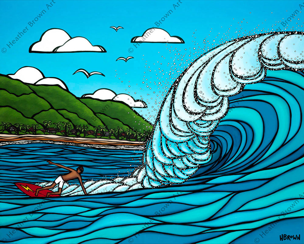Painting by Heather Brown featuring Gerry Lopez surfing a huge wave at Pipeline, North Shore of Oahu.