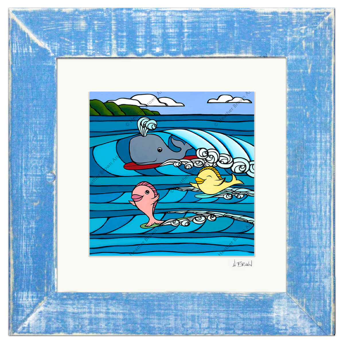 Heather Brown Hawaii Kids Surf Art - Surfing Fish and Whales Matted Print in Frame