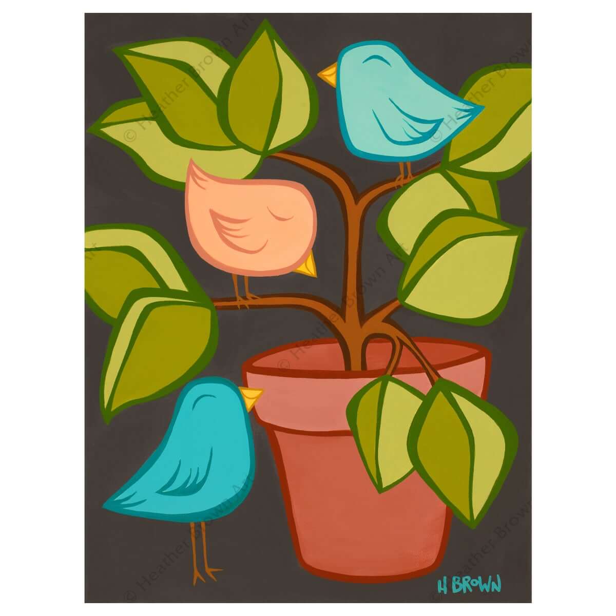 Playful Birds and A Potted Plant Heather Brown Canvas Giclée Open