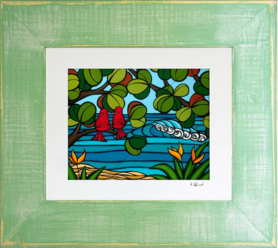 Heather Brown - Love Bird painting framed in recycled frame