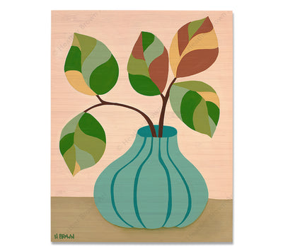 Plant #2601 - Bamboo wood print of a beautiful potted plant still life with unique foliage by tropical artist Heather Brown
