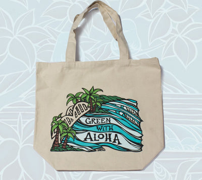 "Haleiwa Bridge" Green with Aloha tote bag by Heather Brown Art