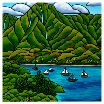 Sailboats on a bay by Hawaii surf artist Heather Brown