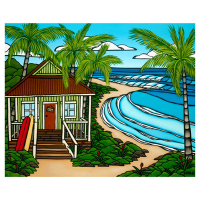A matted art print featuring a dream Hawaii beach surf bungalow with perfect waves breaking in the backyard by Hawaii surf artist Heather Brown