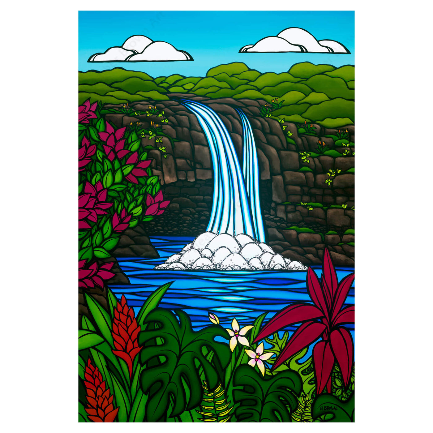 A matted art print featuring a tranquil pool, waterfall, tropical flowers, mountains, and a beautiful blue sky by Hawaii surf artist Heather Brown