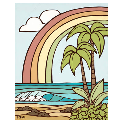A canvas giclée art print of a classic Hawaiian rainbow framing a beautiful pastel-colored seascape by Hawaii surf artist Heather Brown