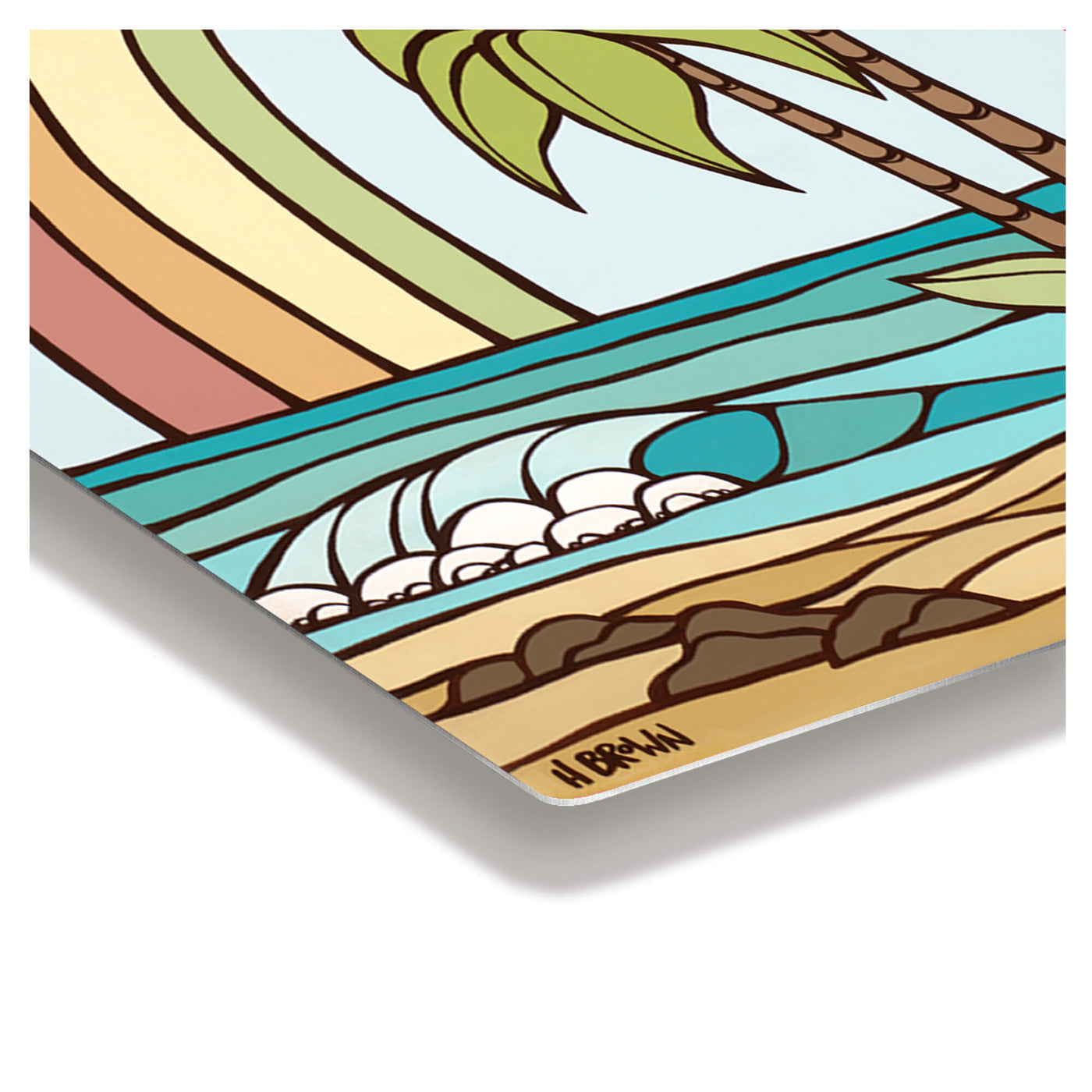 Metal print edge detail featuring a rainbow and rolling wave by Hawaii surf artist Heather Brown