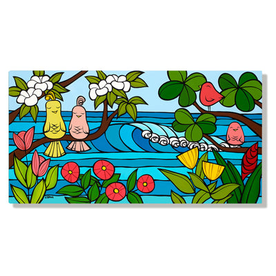 A metal art print featuring some tropical flowers, and colorful birds sitting on tree branches framing distant waves by Hawaii surf artist Heather Brown