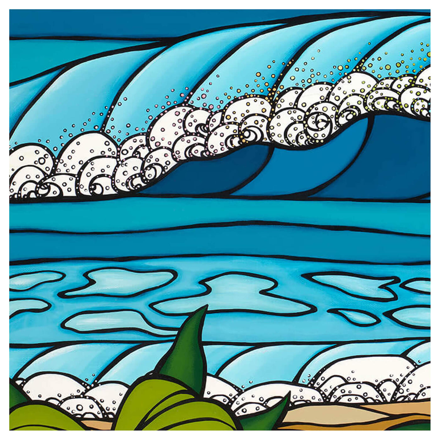 Close up detail of artwork rainbow Spray by Hawaii surf artist Heather Brown