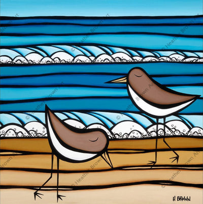 Sea Birds - Square painting of two seagulls at the shoreline by bird artist Heather Brown