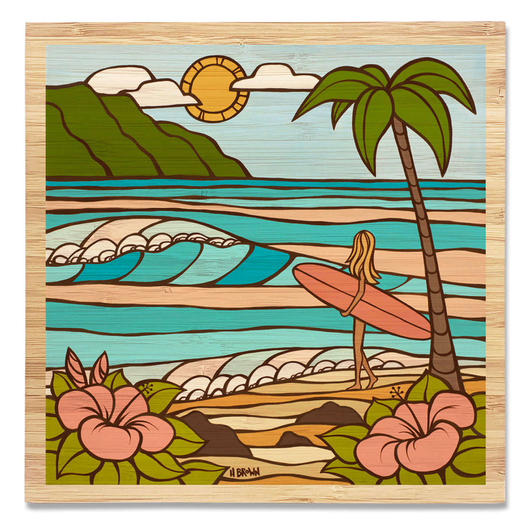heather brown surf art print on bamboo panel