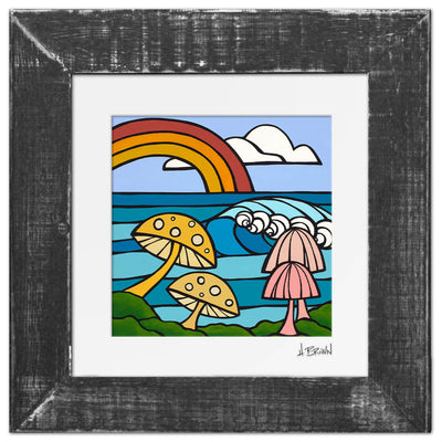 Sea shrooms and rainbow wave art matted print by Oahu artist Heather Brown in Gray Frame