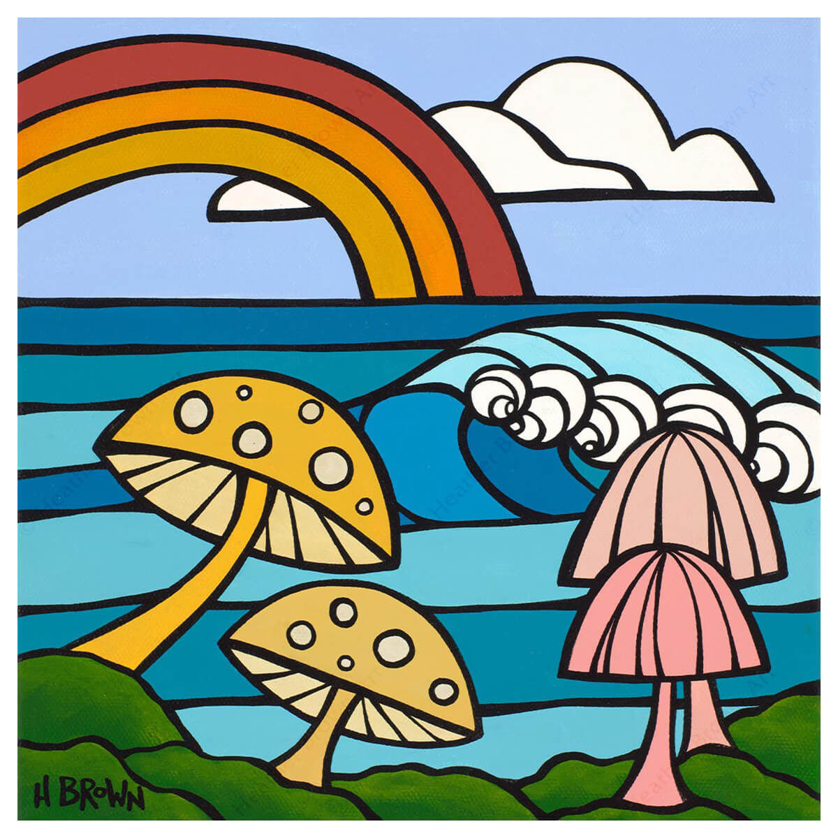 Tropical mushroom art by Hawaii artist Heather Brown, with colorful shrooms and a rainbow over the ocean.
