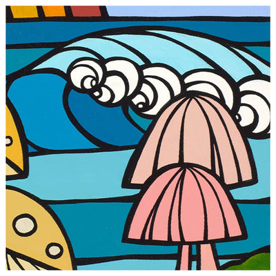 Sea shrooms and rainbow wave art matted print by Oahu artist Heather Brown - pink mushroom and waves detail