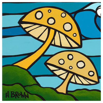 Sea shrooms and rainbow wave art matted print by Oahu artist Heather Brown - Yellow mushroom detail