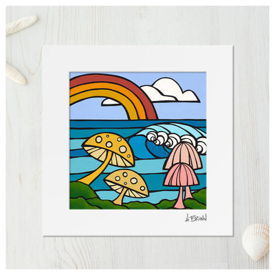 Sea shrooms and rainbow wave art matted print by Hawaii artist Heather Brown 
