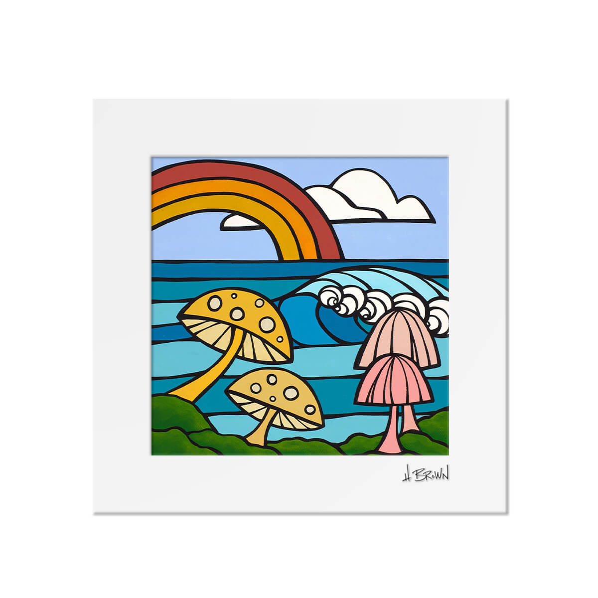Sea shrooms and rainbow wave art matted print by Oahu artist Heather Brown