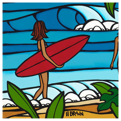 Matted art print by Hawaii artist Heather Brown featuring two female Hawaii surfers with red and pink surfboards looking at waves on the beach - Detail 1