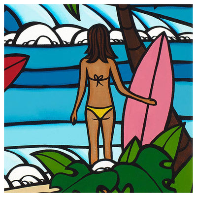 Matted art print by Hawaii artist Heather Brown featuring two female Hawaii surfers with red and pink surfboards looking at waves on the beach - detail 2