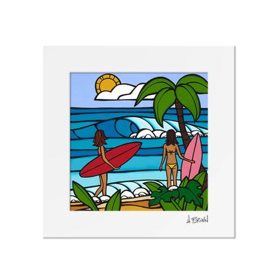 Matted art print by Hawaii artist Heather Brown featuring two female Hawaii surfers with red and pink surfboards looking at waves on the beach