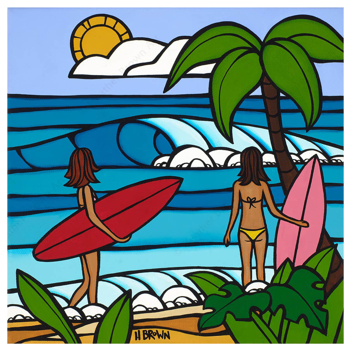Matted art print by surf artist Heather Brown featuring two female Hawaii surfers with red and pink surfboards looking at waves on the beach