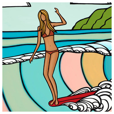 Canvas art print by Hawaii artist Heather Brown featuring a surf girl on a red longboard riding a pastel colored wave - surfer detail