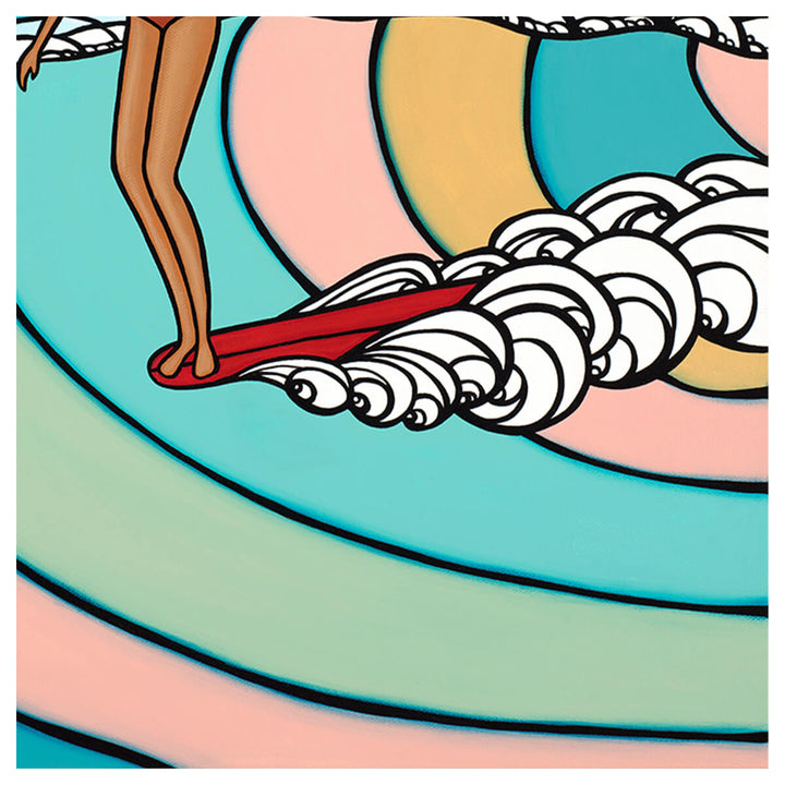 Canvas art print by Hawaii artist Heather Brown featuring a surf girl on a red longboard riding a pastel colored wave - surfboard detail